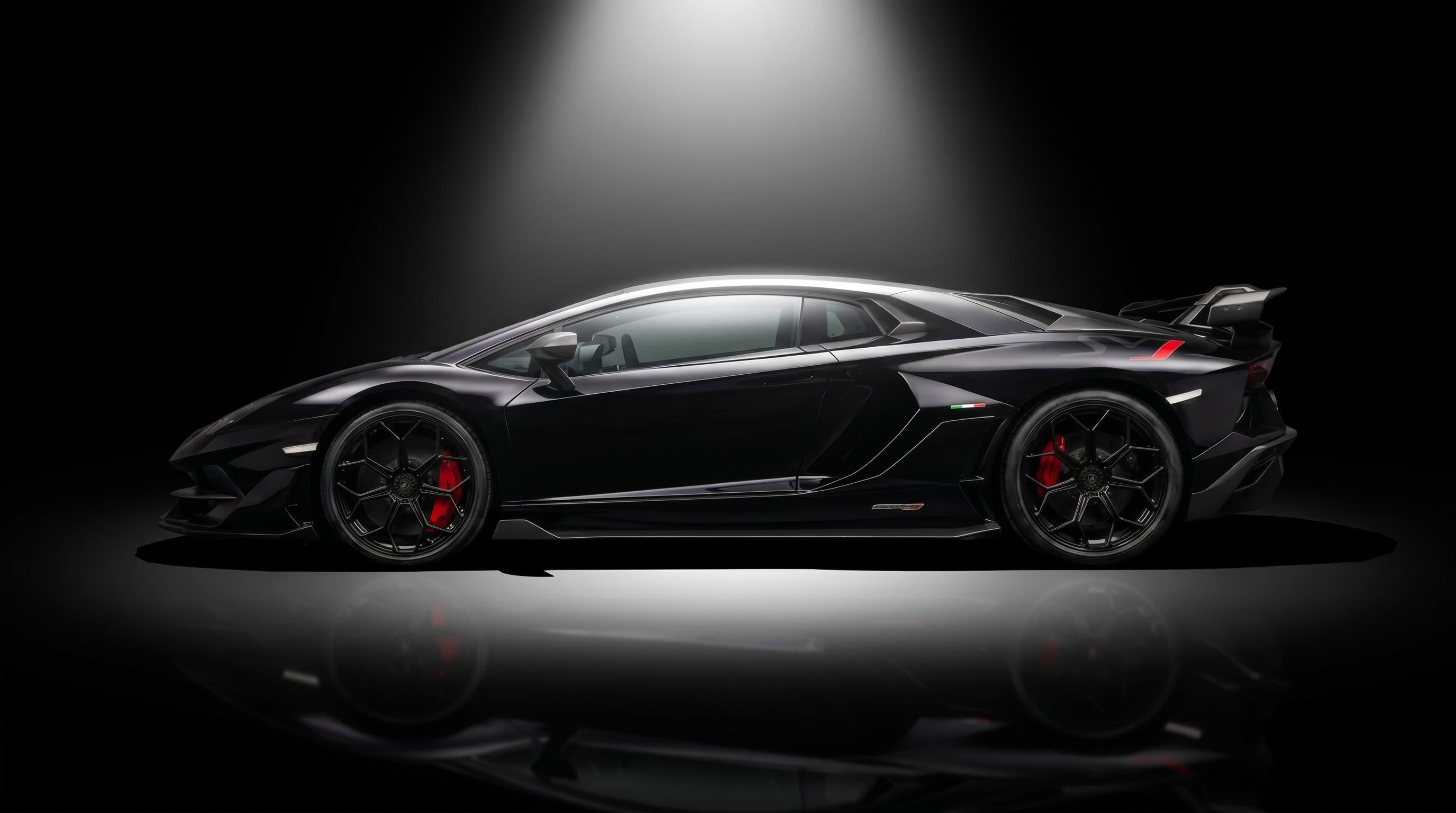 Black Lamborghini SVJ detailed to a showroom finish under a studio spotlight